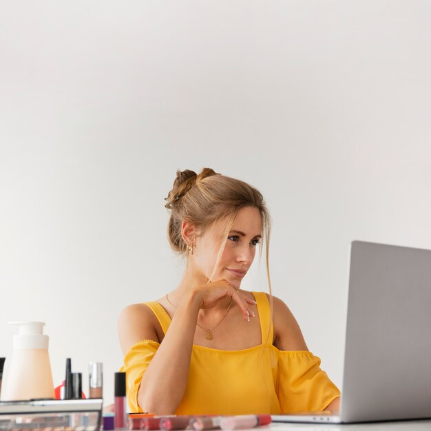 High angle beautiful woman working