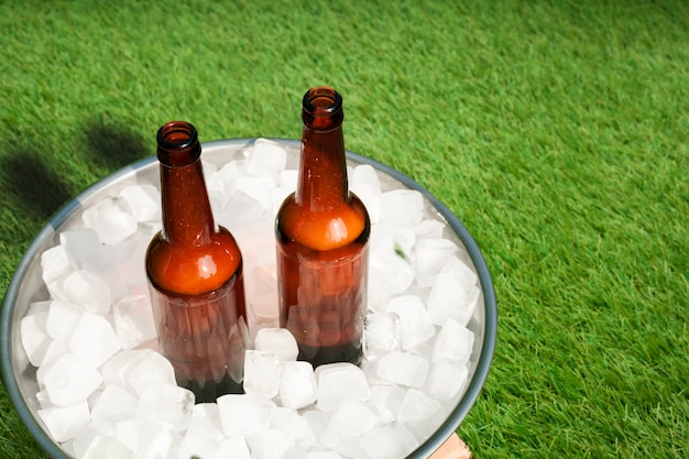 High angle beer bottles in tray with ice