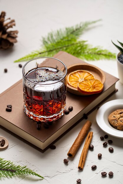 High angle beverage in glass with ingredients