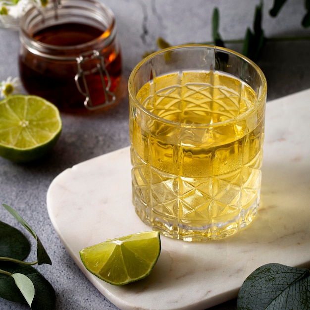 High angle beverage with lime slice