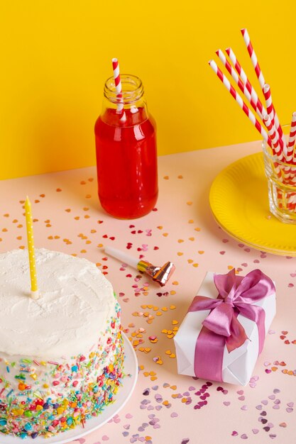 High angle birthday cake and present