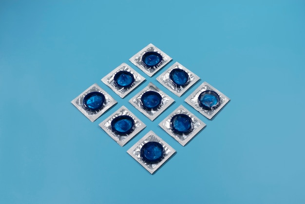 High angle blue condoms arrangement