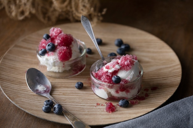 High angle blueberry granita served with icecream