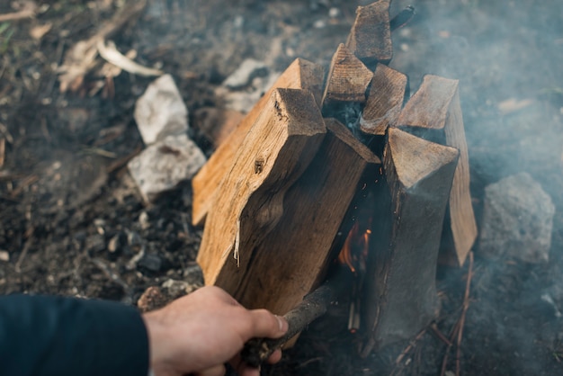 High angle bonfire with smoke