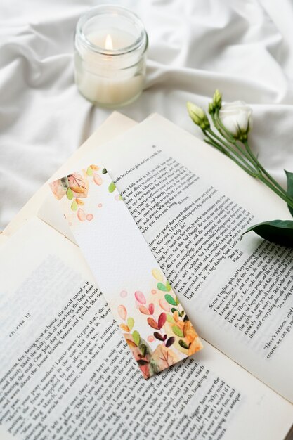 High angle book and flower arrangement