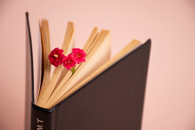 High angle book and flowers