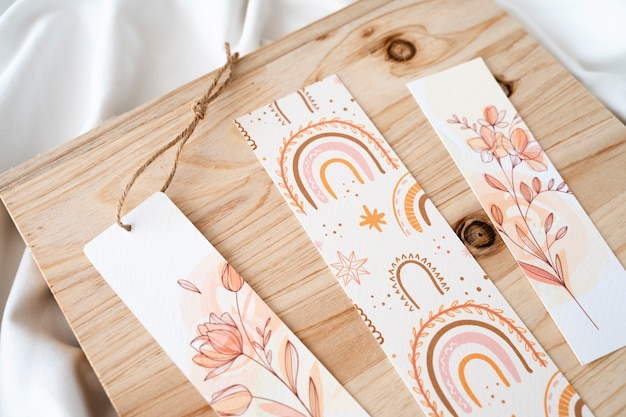 High angle bookmarks on wooden board