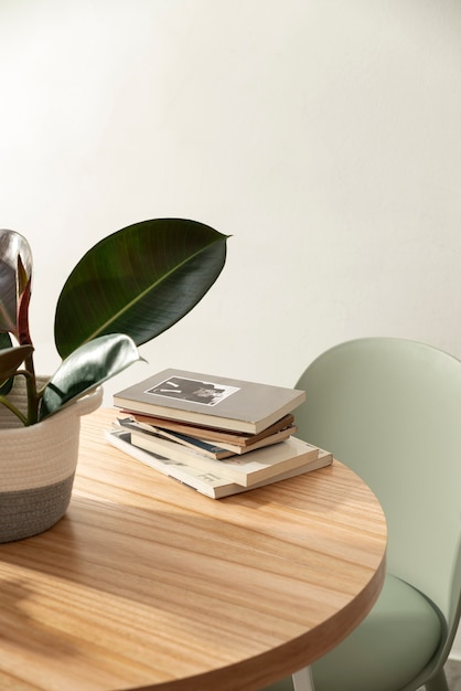 High angle books on wooden table