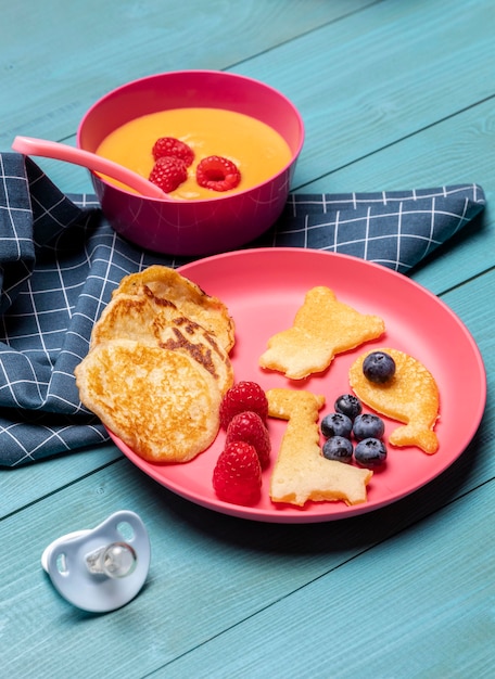 High angle of bowl and plate with baby food and fruits
