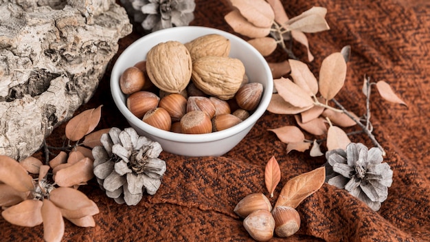 High angle of bowl with chestnuts and walnuts with autumn leaves