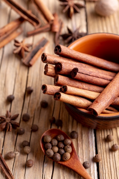 High angle of bowl with cinnamon sticks and star anise and pepper