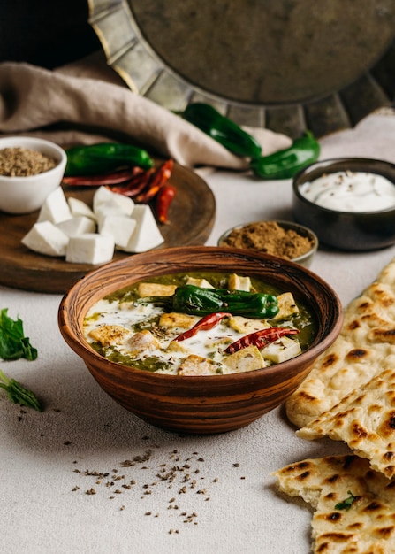 High angle bowl with pakistani food