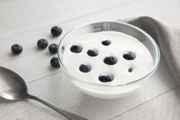 High angle bowl with yogurt and berries