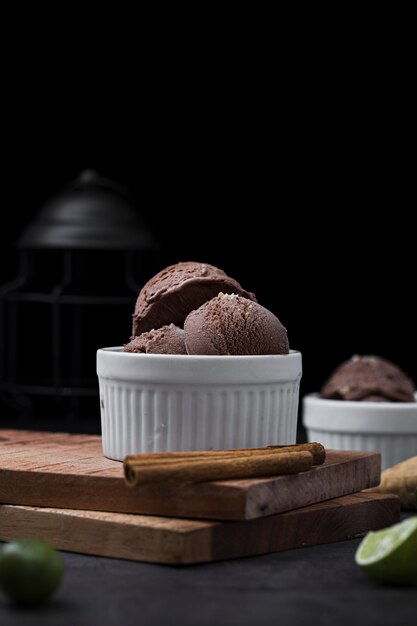 High angle bowl woth chocolate ice cream