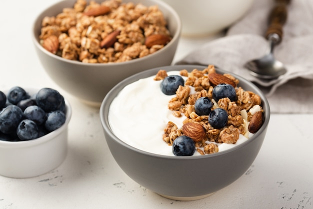 High angle of bowls of breakfast cereal with blueberries and yogurt