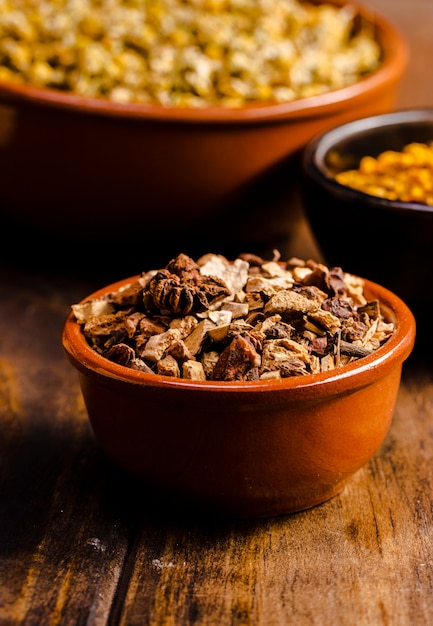 High angle bowls with food on wooden table