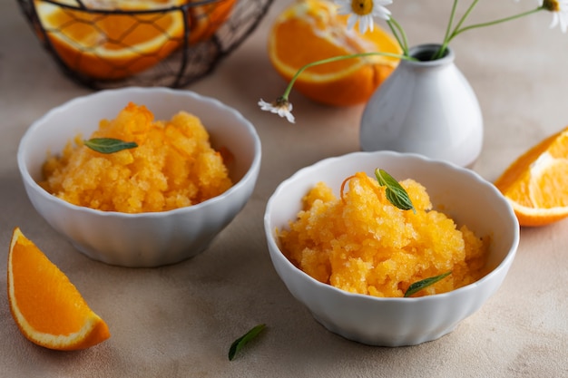 High angle bowls with granita dessert still life