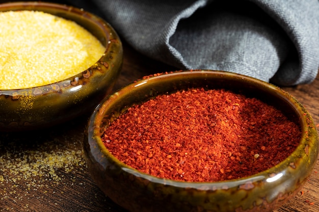 High angle bowls with spices on table