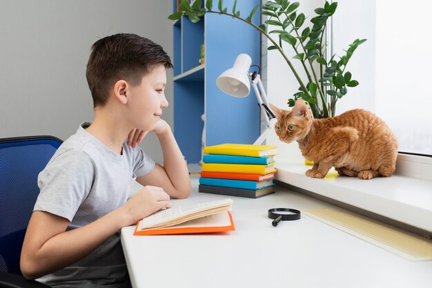 Высокий угол мальчик с чтением кошки