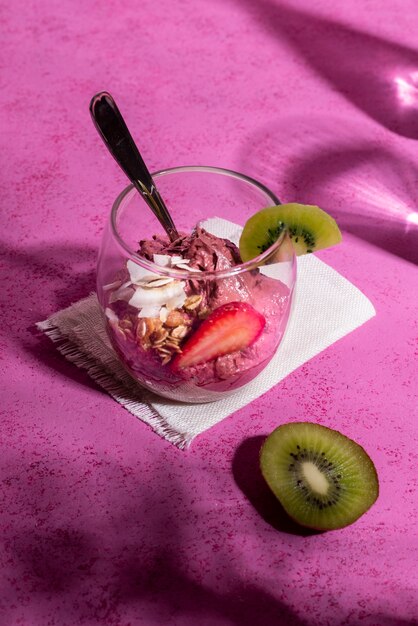 High angle brazilian cup of açai dessert