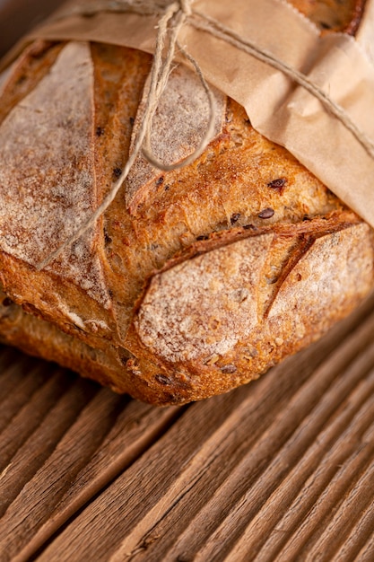 High angle bread on wooden table