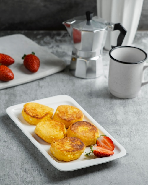 High angle breakfast with strawberries