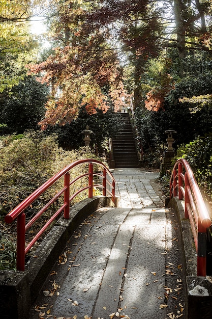 High angle of bridge at japanese temple complex