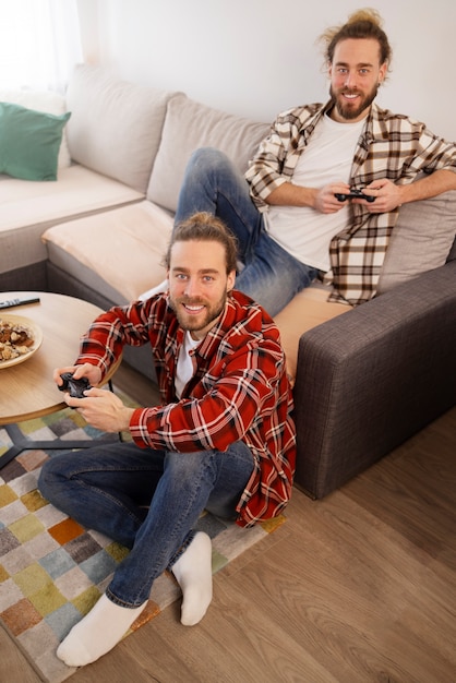 High angle brothers playing videogames