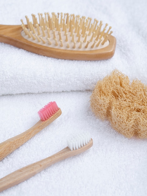 High angle brushes on white towels