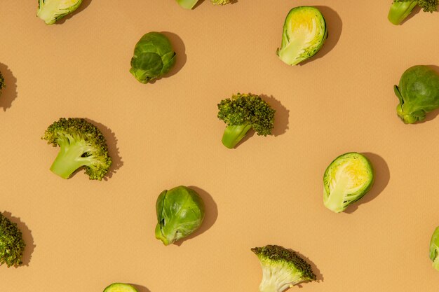 High angle of brussels sprouts and broccoli