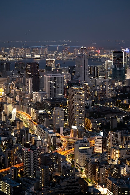 High angle buildings with lights landscape