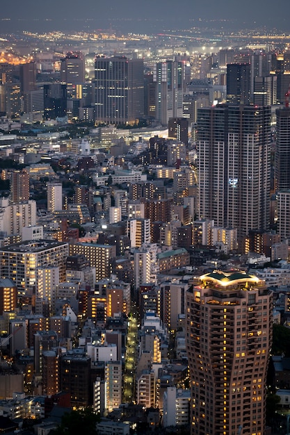 High angle buildings with lights