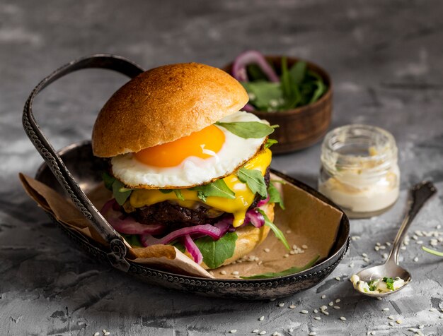 High angle burger with fried egg