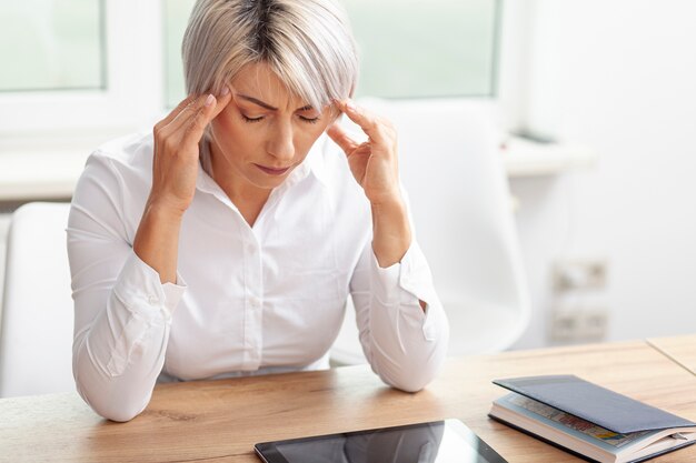 High angle business woman worried