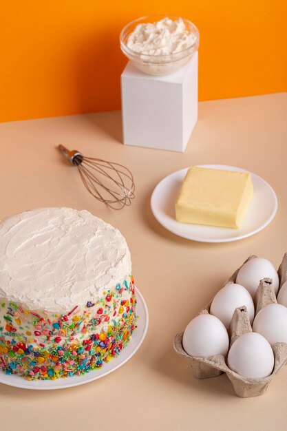 High angle cake and ingredients assortment