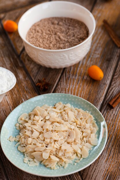 High angle of cake ingredients with anise and cinnamon