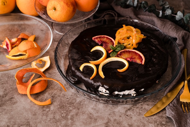 High angle of cake with fruit