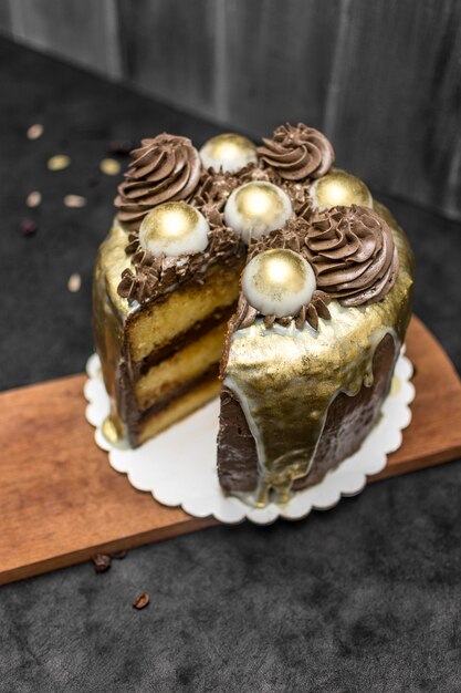 High angle of cake on wooden board