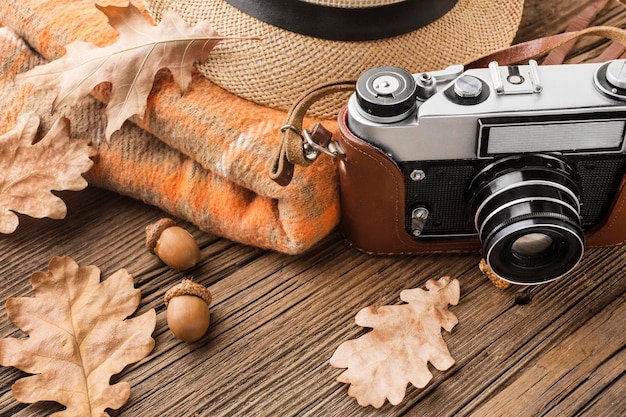 High angle camera with autumn leaves and acorns