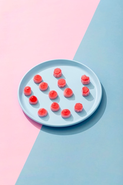 High angle of candy on plate