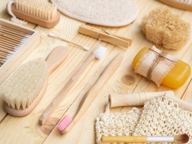 High angle care products on wooden table