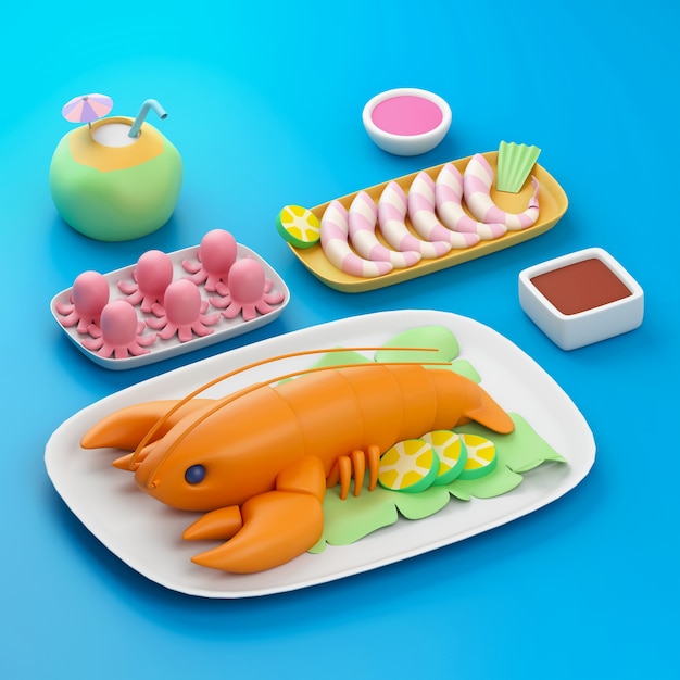 High angle cartoon style asian food