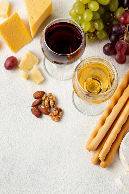 High angle cheese and wine for tasting