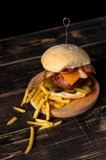 High angle cheeseburger and fries