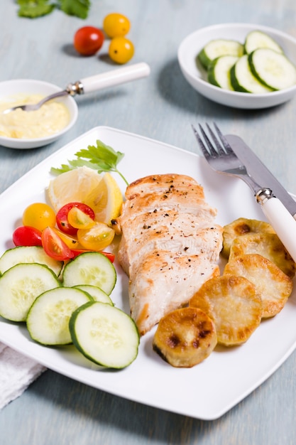 High angle of chicken breast with assortment of vegetables