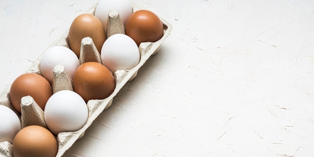 Бесплатное фото Куриные яйца высокого угла с копией пространства