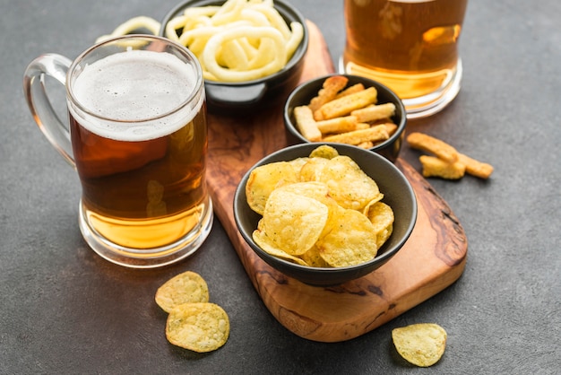 High angle chips and beer arrangement
