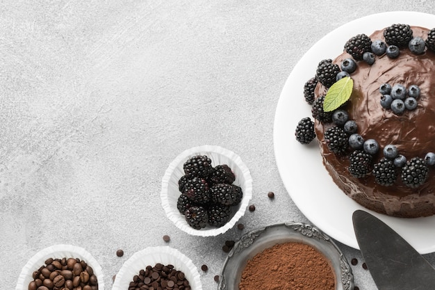 High angle of chocolate cake with blueberries