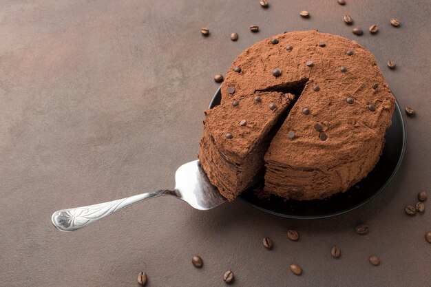 High angle of chocolate cake with cocoa powder