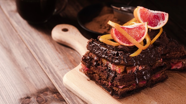 High angle of chocolate cake with fruit